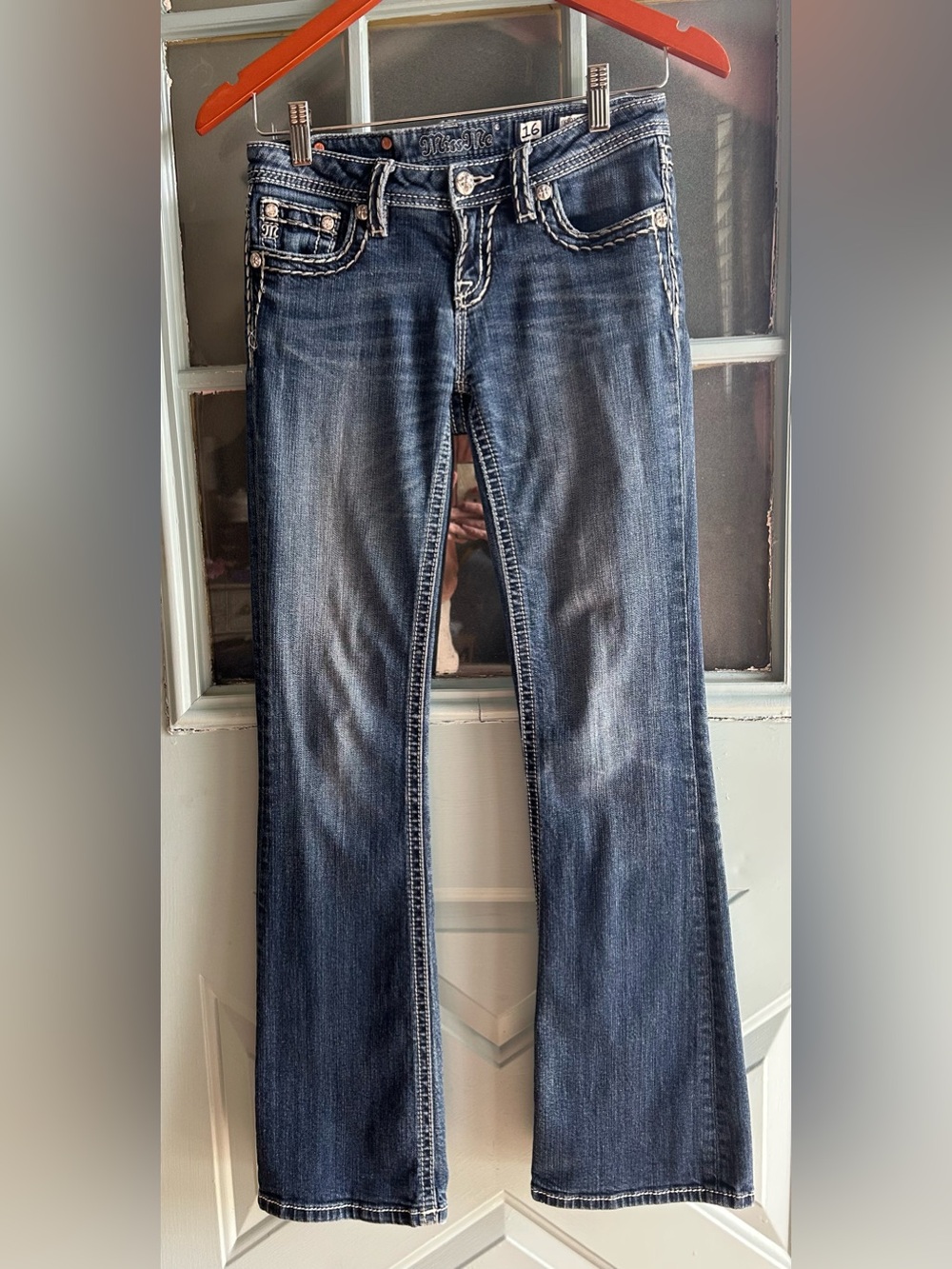 Y2K Miss Me Jeans Boot Cut Dark Wash Flare Denim Jean Contrast Stitch BKE 16